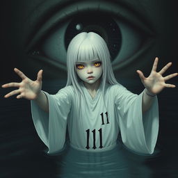 A skinny girl with long, straight white hair and striking yellow eyes, clad in a white robe marked with the number 11