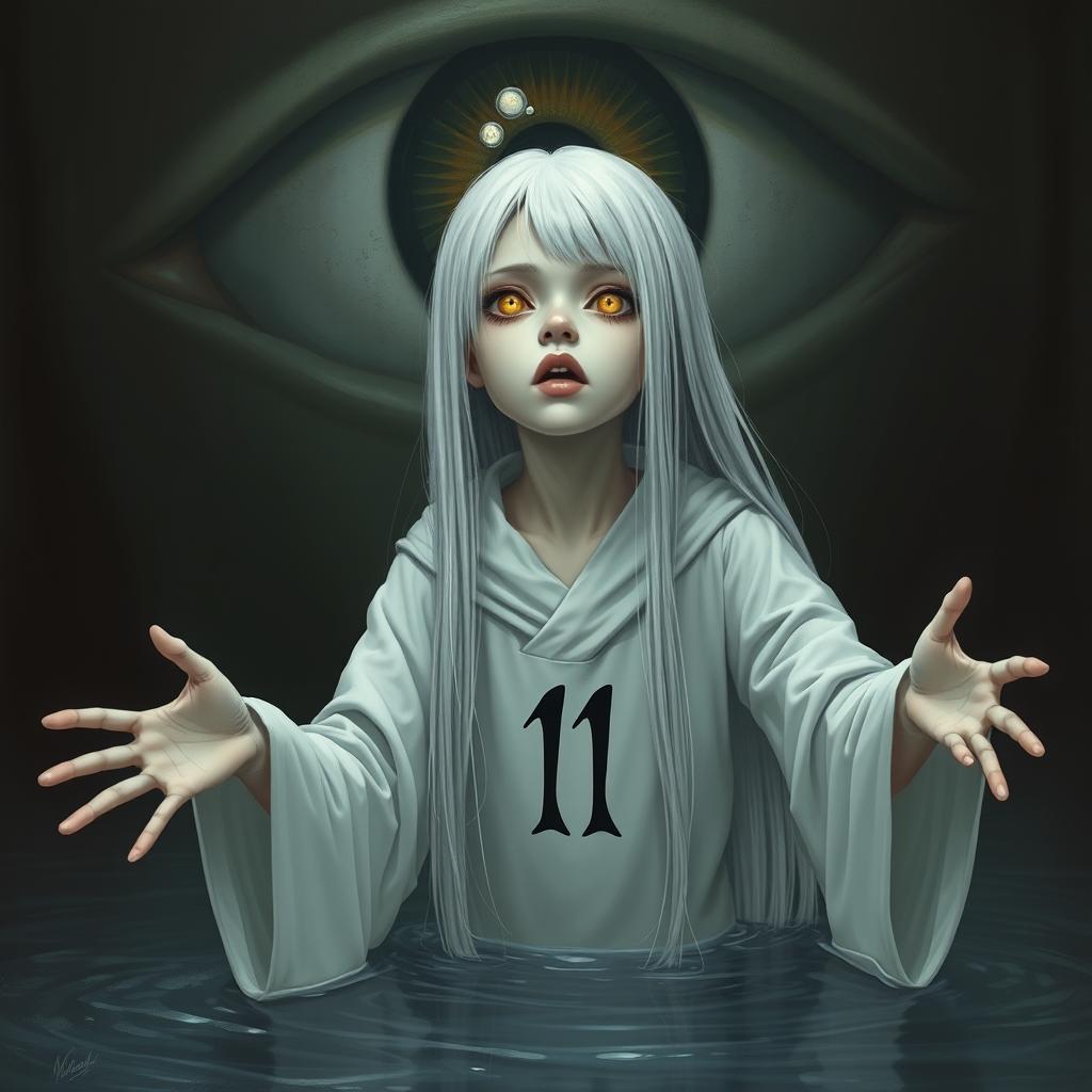 A skinny girl with long, straight white hair and striking yellow eyes, clad in a white robe marked with the number 11