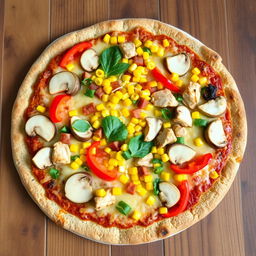 A delicious pizza topped with fresh slices of mushrooms, colorful bell peppers, sweet corn, tender chicken pieces, and a generous amount of melted, golden-brown cheese, placed on a fluffy brown rice crust