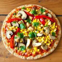 A delicious pizza topped with fresh slices of mushrooms, colorful bell peppers, sweet corn, tender chicken pieces, and a generous amount of melted, golden-brown cheese, placed on a fluffy brown rice crust
