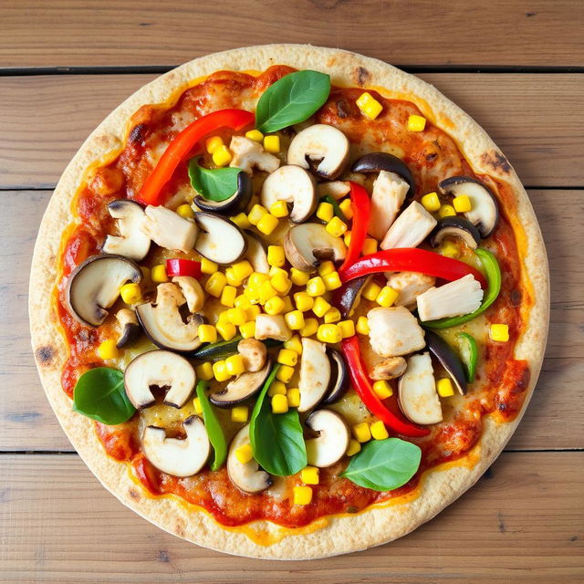 A delicious pizza topped with fresh slices of mushrooms, colorful bell peppers, sweet corn, tender chicken pieces, and a generous amount of melted, golden-brown cheese, placed on a fluffy brown rice crust