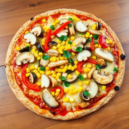 A delicious pizza topped with fresh slices of mushrooms, colorful bell peppers, sweet corn, tender chicken pieces, and a generous amount of melted, golden-brown cheese, placed on a fluffy brown rice crust