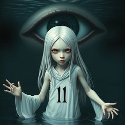 A skinny girl with long, straight white hair and striking yellow eyes, dressed in a flowing white robe emblazoned with the number 11