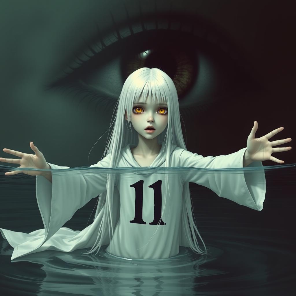 A skinny girl with long, straight white hair and striking yellow eyes, dressed in a flowing white robe emblazoned with the number 11