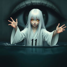 A skinny girl with long, straight white hair and striking yellow eyes, dressed in a flowing white robe emblazoned with the number 11