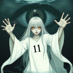 A skinny girl with long, straight white hair and striking yellow eyes, dressed in a flowing white robe emblazoned with the number 11