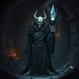 An ominous lich, combining elements of human and undead features, stands in a dark, ancient crypt