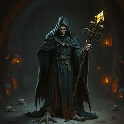 An ominous lich, combining elements of human and undead features, stands in a dark, ancient crypt