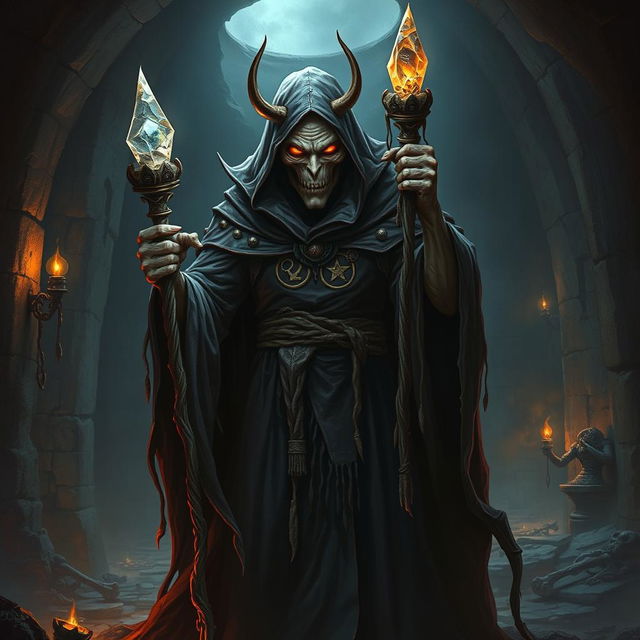 An ominous lich, combining elements of human and undead features, stands in a dark, ancient crypt