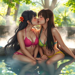 Two attractive Japanese women wearing colorful bikinis, sitting in a serene hot spring, sharing a tender kiss