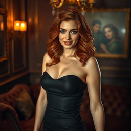 A captivating and alluring scene featuring a sultry woman with wavy red hair and striking green eyes, wearing a form-fitting, shimmering black dress that accentuates her curves