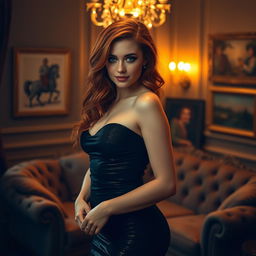 A captivating and alluring scene featuring a sultry woman with wavy red hair and striking green eyes, wearing a form-fitting, shimmering black dress that accentuates her curves