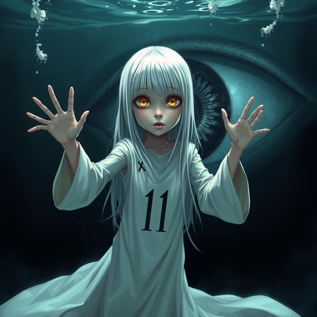 A skinny girl with long, straight white hair and bright yellow eyes, wearing a flowing white robe adorned with the number 11