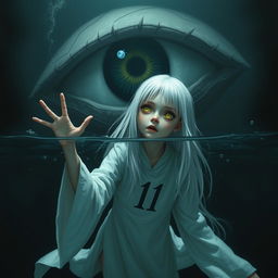 A skinny girl with long, straight white hair and bright yellow eyes, wearing a flowing white robe adorned with the number 11