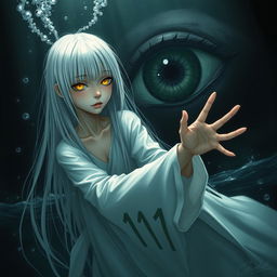 A skinny girl with long, straight white hair and bright yellow eyes, wearing a flowing white robe adorned with the number 11
