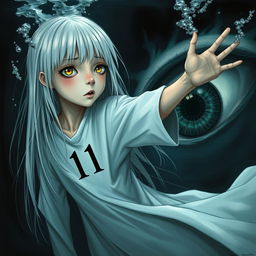 A skinny girl with long, straight white hair and bright yellow eyes, wearing a flowing white robe adorned with the number 11