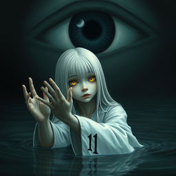 A skinny girl with long, straight white hair and captivating yellow eyes, wearing a flowing white robe embroidered with the number 11