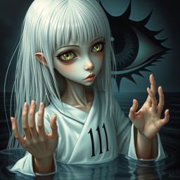 A skinny girl with long, straight white hair and captivating yellow eyes, wearing a flowing white robe embroidered with the number 11