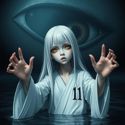 A skinny girl with long, straight white hair and captivating yellow eyes, wearing a flowing white robe embroidered with the number 11