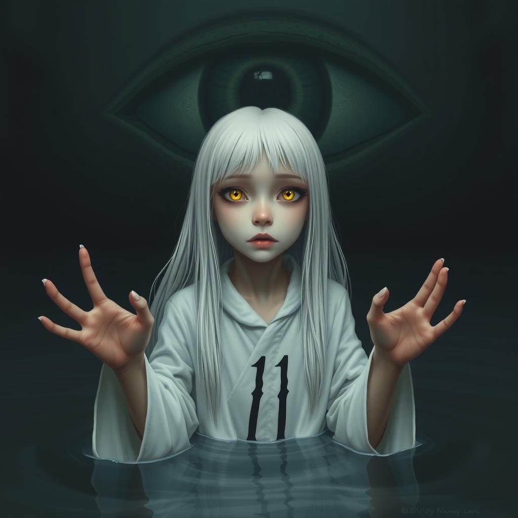 A skinny girl with long, straight white hair and captivating yellow eyes, wearing a flowing white robe embroidered with the number 11
