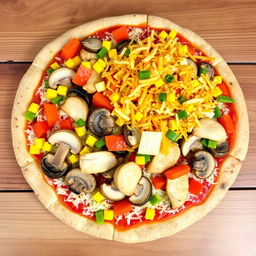 A delicious pizza topped with delicious mushroom slices, vibrant chopped colored peppers, sweet corn, succulent chicken pieces, and a generous layer of melted grated cheese