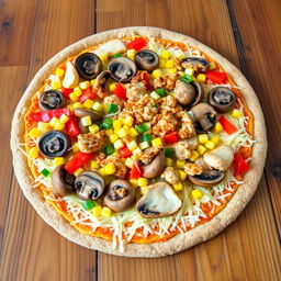 A delicious pizza topped with delicious mushroom slices, vibrant chopped colored peppers, sweet corn, succulent chicken pieces, and a generous layer of melted grated cheese