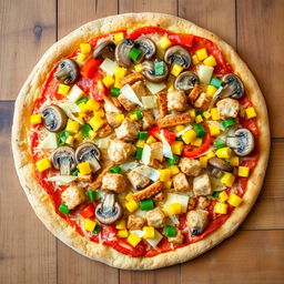 A delicious pizza topped with delicious mushroom slices, vibrant chopped colored peppers, sweet corn, succulent chicken pieces, and a generous layer of melted grated cheese