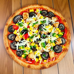 A delicious pizza topped with delicious mushroom slices, vibrant chopped colored peppers, sweet corn, succulent chicken pieces, and a generous layer of melted grated cheese