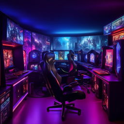 A high-tech gaming room filled with LED lights, multiple monitors, a state-of-the-art gaming chair, and collections of various game titles