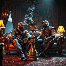 A dramatic scene featuring Kratos from God of War and Sub-Zero from Mortal Kombat sitting together inside a luxurious living room