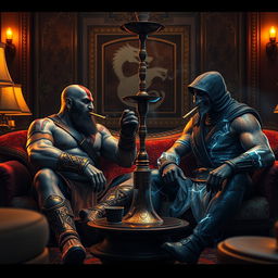 A dramatic scene featuring Kratos from God of War and Sub-Zero from Mortal Kombat sitting together inside a luxurious living room