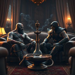 A dramatic scene featuring Kratos from God of War and Sub-Zero from Mortal Kombat sitting together inside a luxurious living room