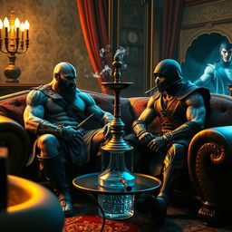A dramatic scene featuring Kratos from God of War and Sub-Zero from Mortal Kombat sitting together inside a luxurious living room