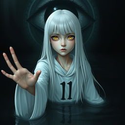 A skinny girl with long, straight white hair and captivating yellow eyes, wearing a flowing white robe featuring the number 11