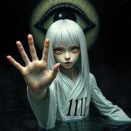 A skinny girl with long, straight white hair and captivating yellow eyes, wearing a flowing white robe featuring the number 11