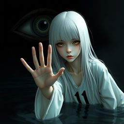 A skinny girl with long, straight white hair and captivating yellow eyes, wearing a flowing white robe featuring the number 11
