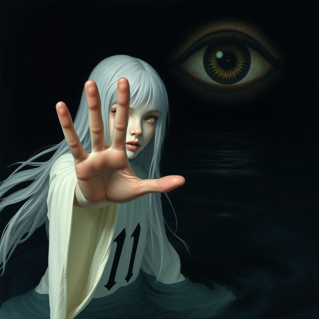 A skinny girl with long, straight white hair and captivating yellow eyes, wearing a flowing white robe featuring the number 11