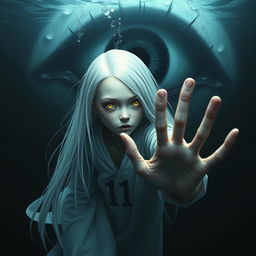 A skinny girl with long, straight white hair and striking yellow eyes, wearing a flowing white robe decorated with the number 11