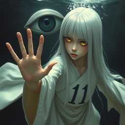 A skinny girl with long, straight white hair and striking yellow eyes, wearing a flowing white robe decorated with the number 11
