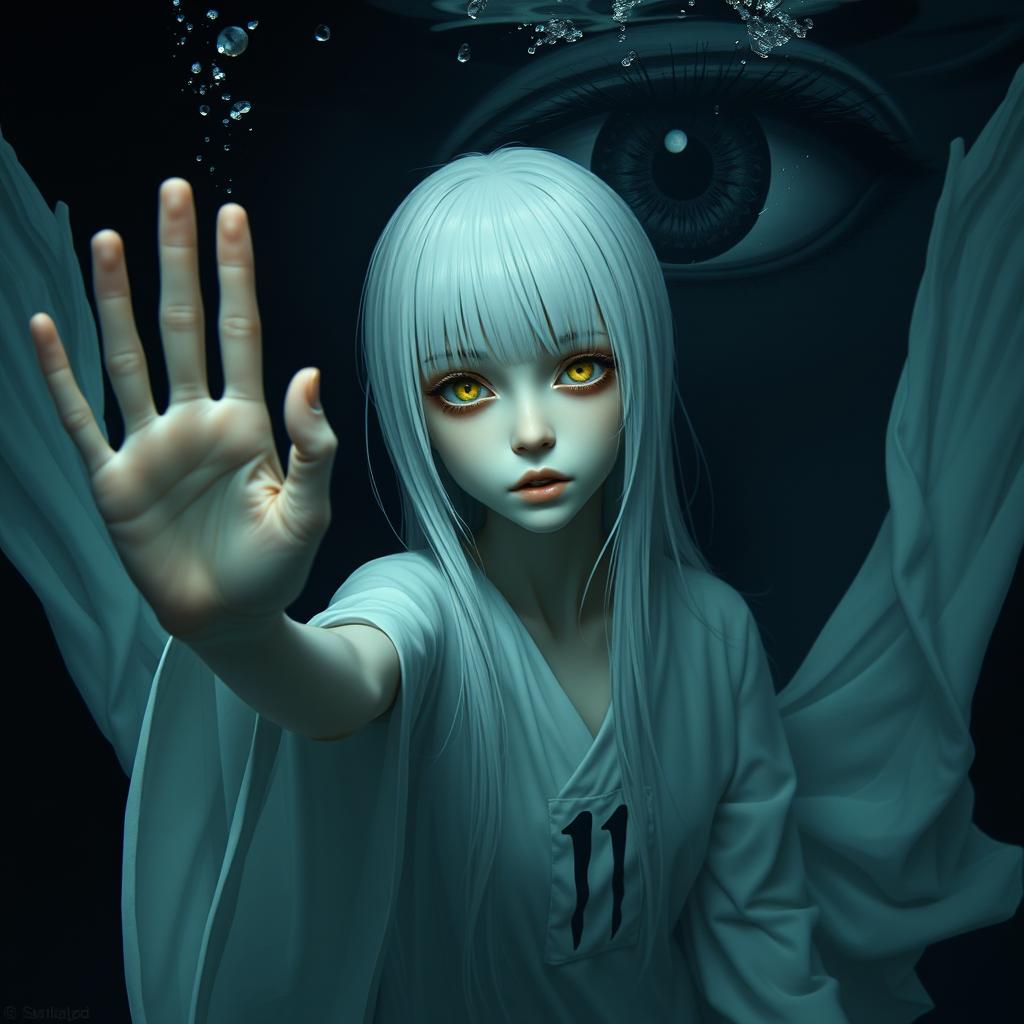 A skinny girl with long, straight white hair and striking yellow eyes, wearing a flowing white robe decorated with the number 11