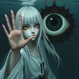 A skinny girl with long, straight white hair and striking yellow eyes, wearing a flowing white robe decorated with the number 11