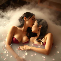 Two beautiful Japanese women, sensual and elegant, sharing an intimate kiss while relaxing in a steaming hot bath