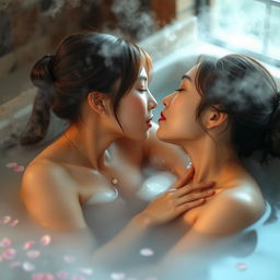 Two beautiful Japanese women, sensual and elegant, sharing an intimate kiss while relaxing in a steaming hot bath
