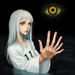 A skinny girl with long, straight white hair and striking yellow eyes, clad in a flowing white robe adorned with the number 11