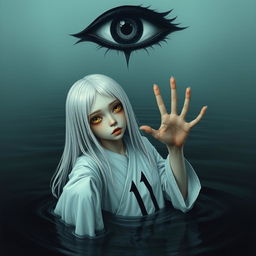 A skinny girl with long, straight white hair and striking yellow eyes, clad in a flowing white robe adorned with the number 11