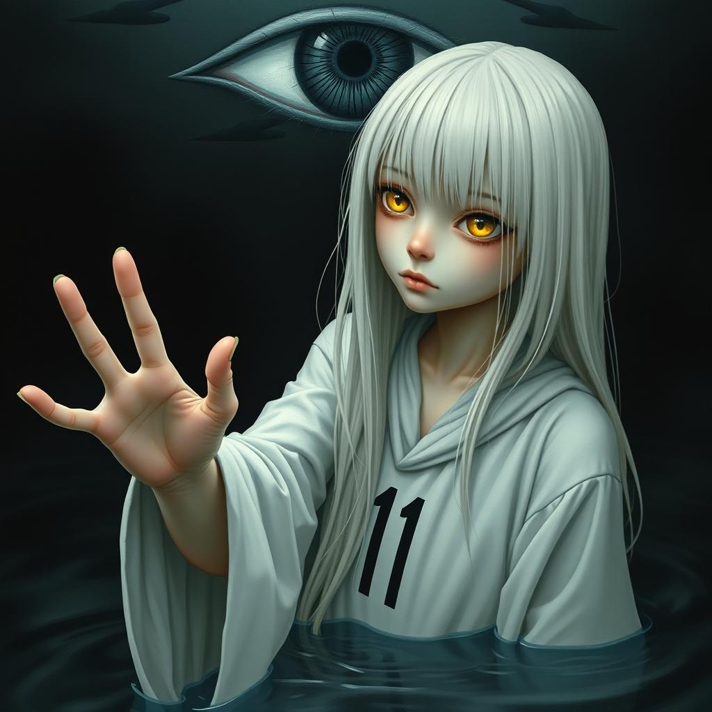 A skinny girl with long, straight white hair and striking yellow eyes, clad in a flowing white robe adorned with the number 11