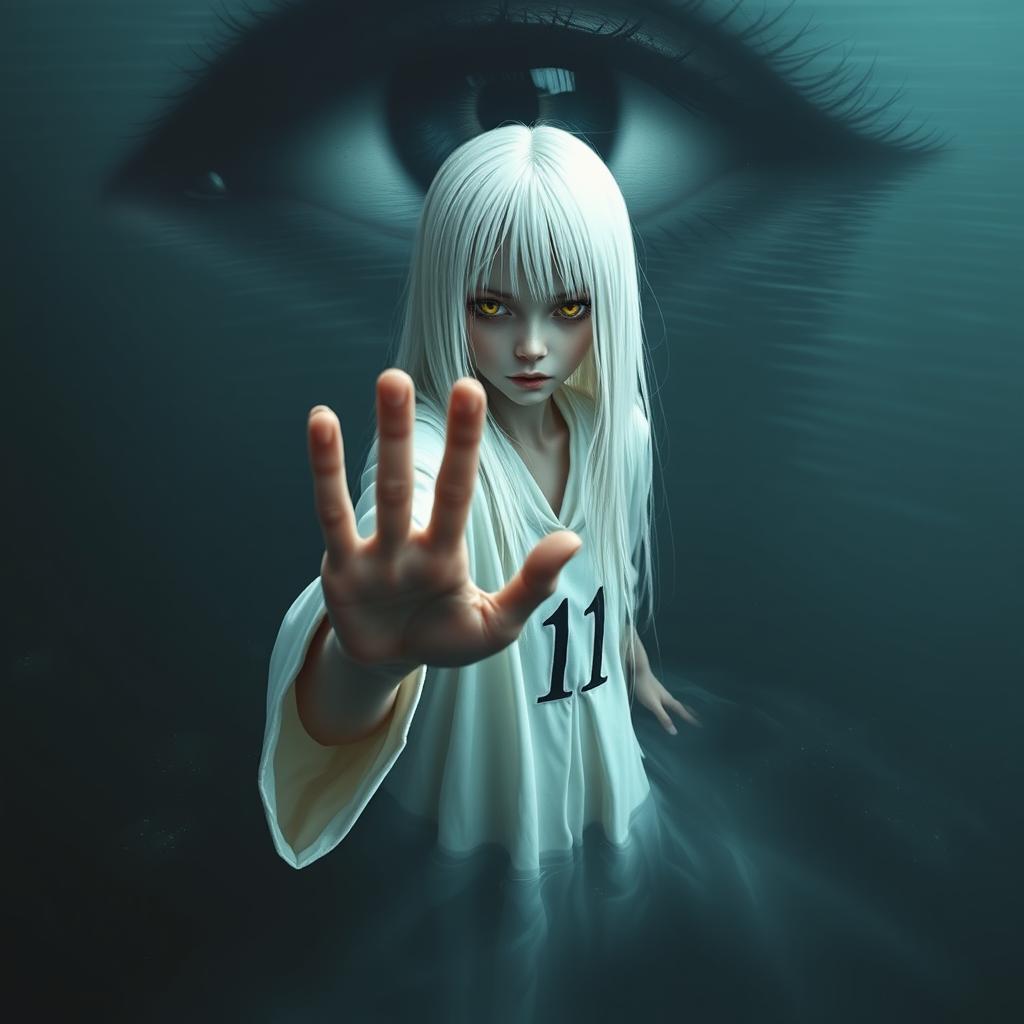 A skinny girl with long, straight white hair and striking yellow eyes, dressed in a flowing white robe emblazoned with the number 11