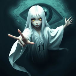 A skinny girl with long, straight white hair and striking yellow eyes, dressed in a flowing white robe emblazoned with the number 11