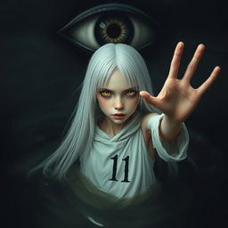 A skinny girl with long, straight white hair and striking yellow eyes, dressed in a flowing white robe emblazoned with the number 11