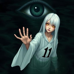 A skinny girl with long, straight white hair and striking yellow eyes, dressed in a flowing white robe emblazoned with the number 11